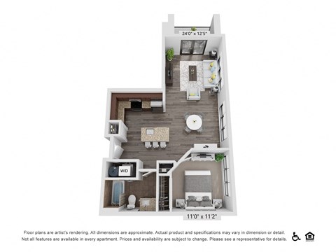 Floor plan for 1 bed, 1 bath, 747 sqft